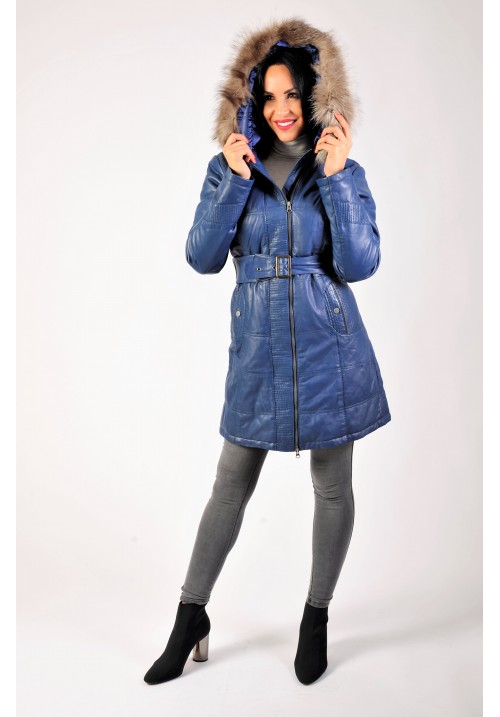 Dámsky kožený kabát s kožušinou 2565 cobalt blue